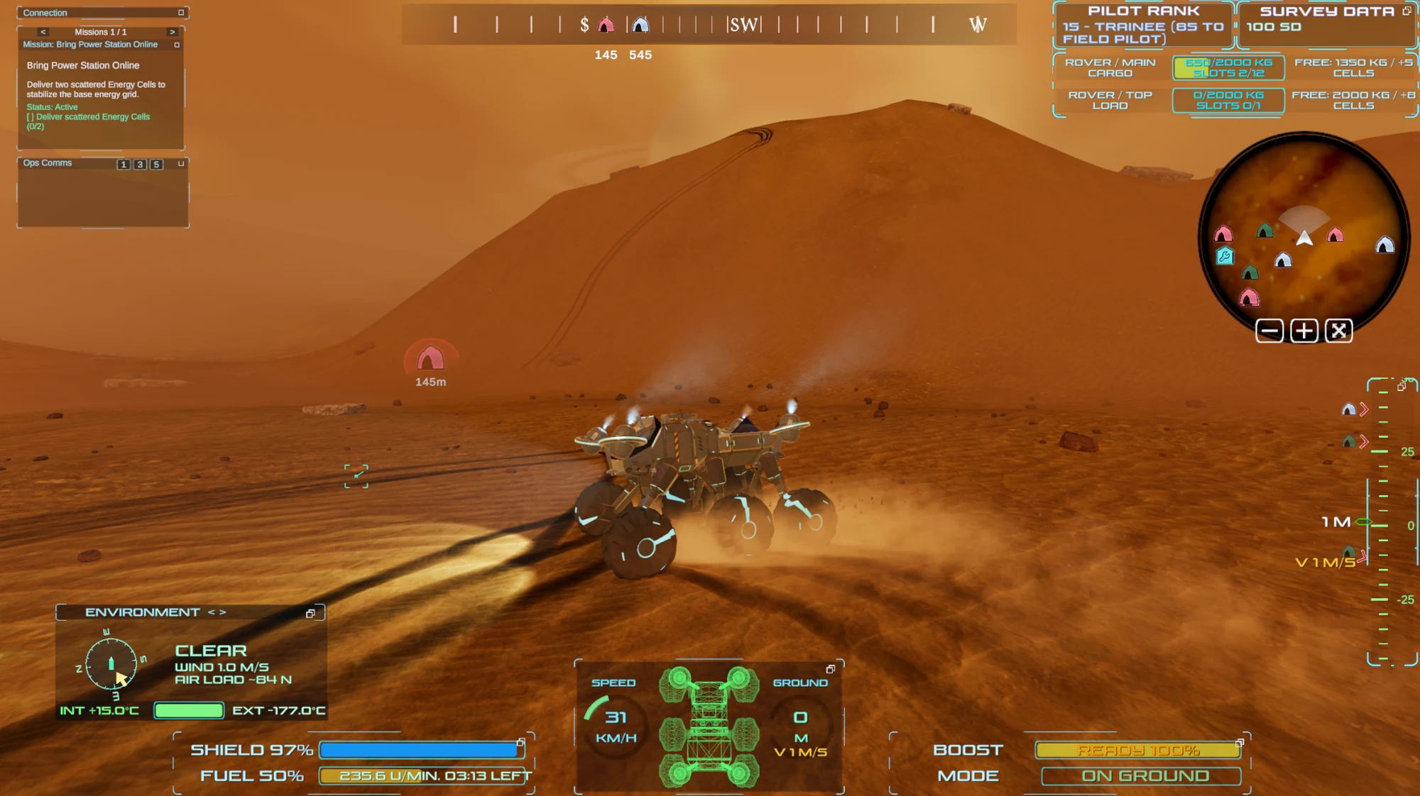 A rover sends up dust while driving over Titan’s rocky terrain, with its gameplay instruments visible.