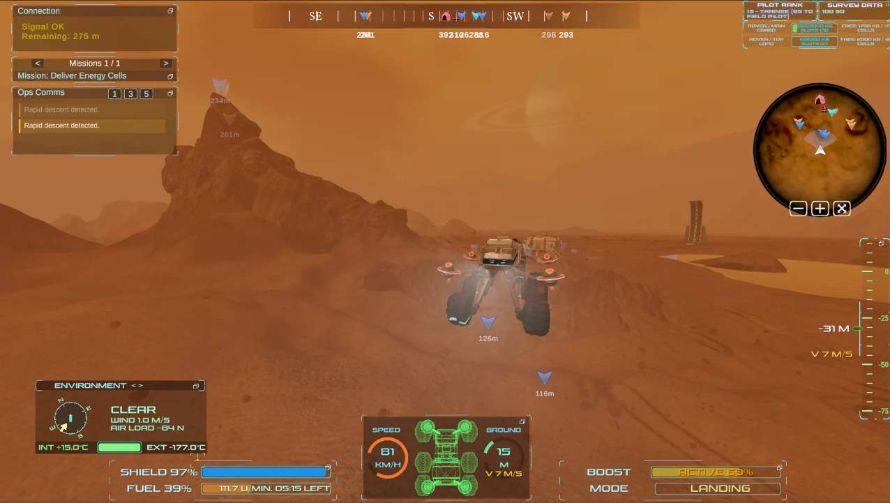 A rover uses its boosters to fly above a canyon on Titan, with the in-development gameplay HUD visible.