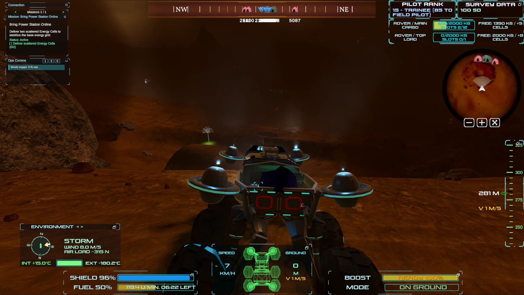 Cyan rover lights stand out against Titan’s dark terrain at night.